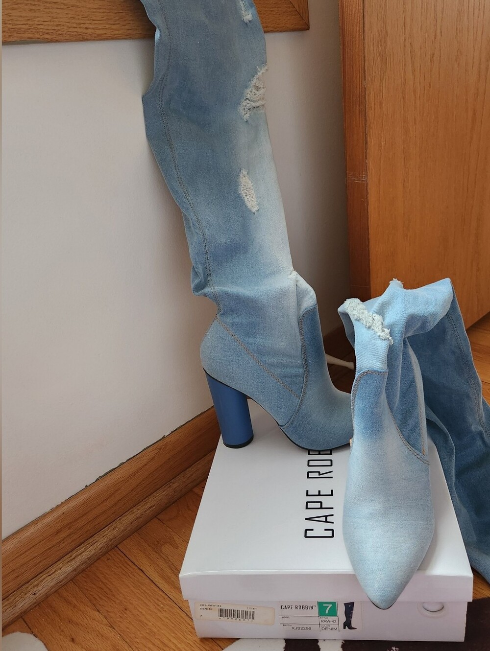 Cape Robbin Light Blue Denim Knee-High Block Heel Boots 7